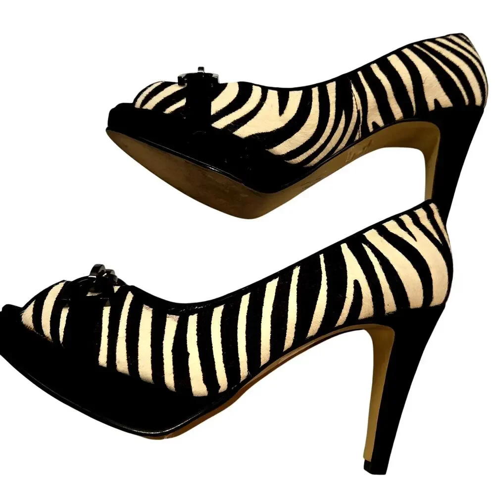 Chico's Shoes 7.5 Zebra Print Buckles Platform Open Toe High Heel Pump Stiletto